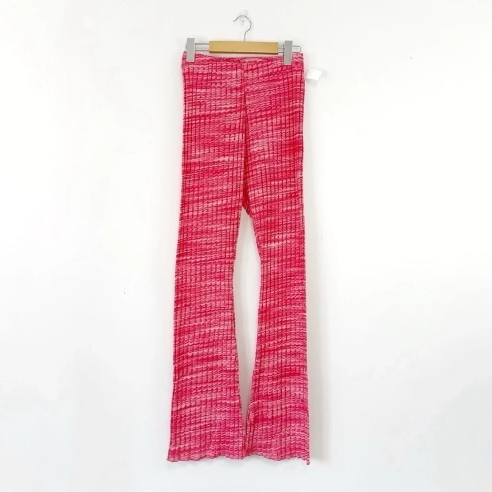 NWT Zara Woman Red Ribbed Stretch Pull On Flare Pants MEDIUM Boho Festival Retro - Picture 3 of 8